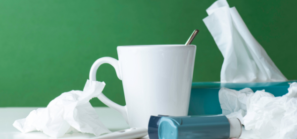 tea cup, tissues, inhaler